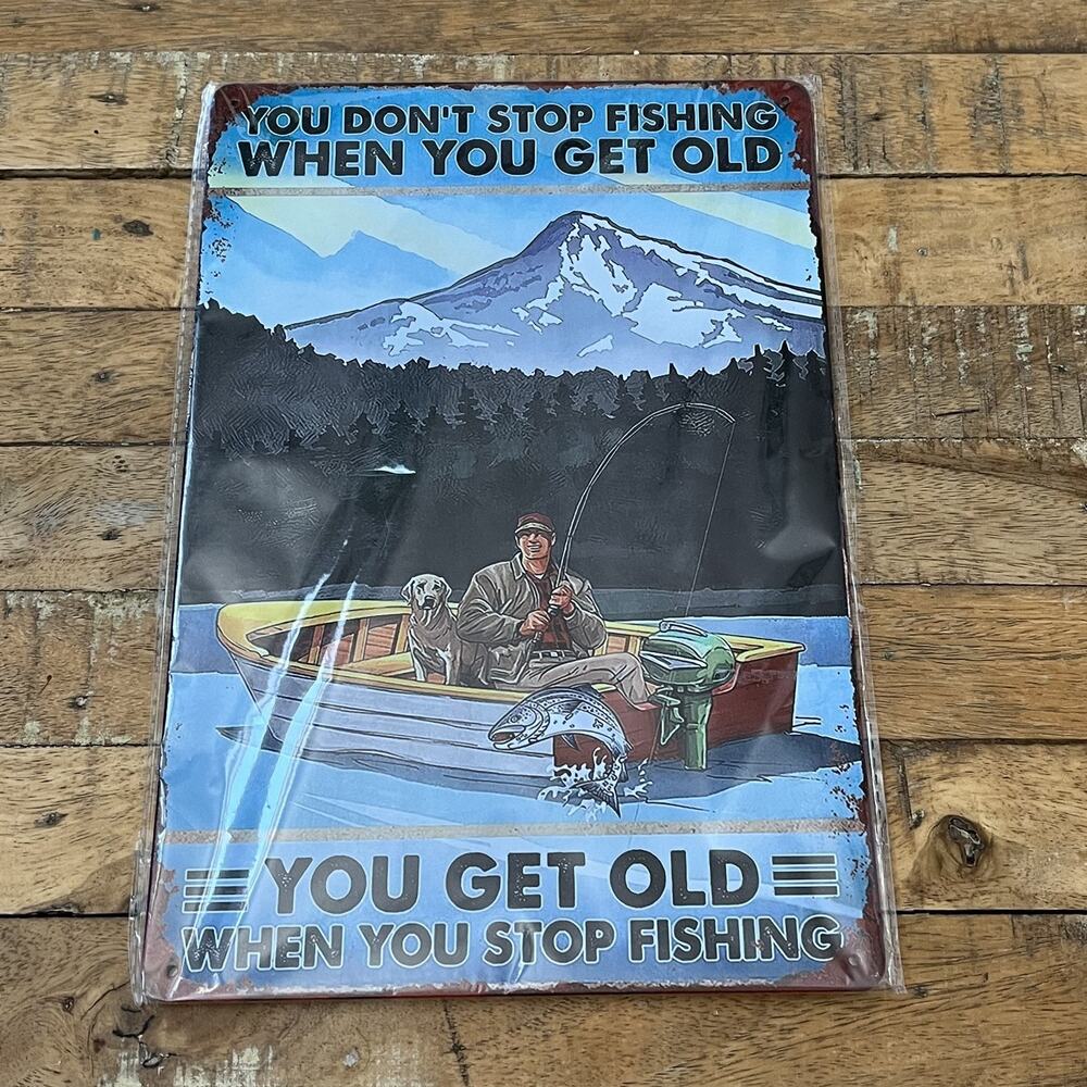 Vintage-Style Metal Tin Fishing Sign 8 x 11.5 in Man on a Boat w/ Dog Home Decor